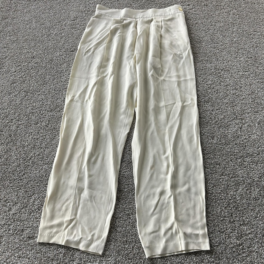 Vintage Cache Dress Pants Womens M White Crepe Pleated Elastic Waist Relaxed USA